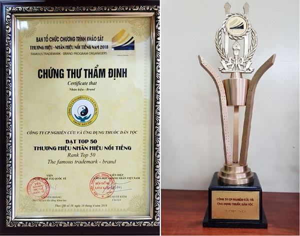 Chứng nhận và cúp giải thưởng Công ty CP Thuốc dân tộc vinh dự nhận giải Top 50 các thương hiệu – nhãn hiệu nổi tiếng năm 2018